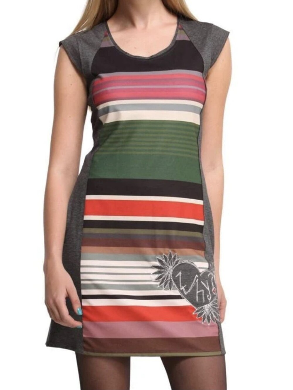 Vintage Desigual 2010's Multi-color Striped Cap-sleeve "Why?" Dress (Size L)